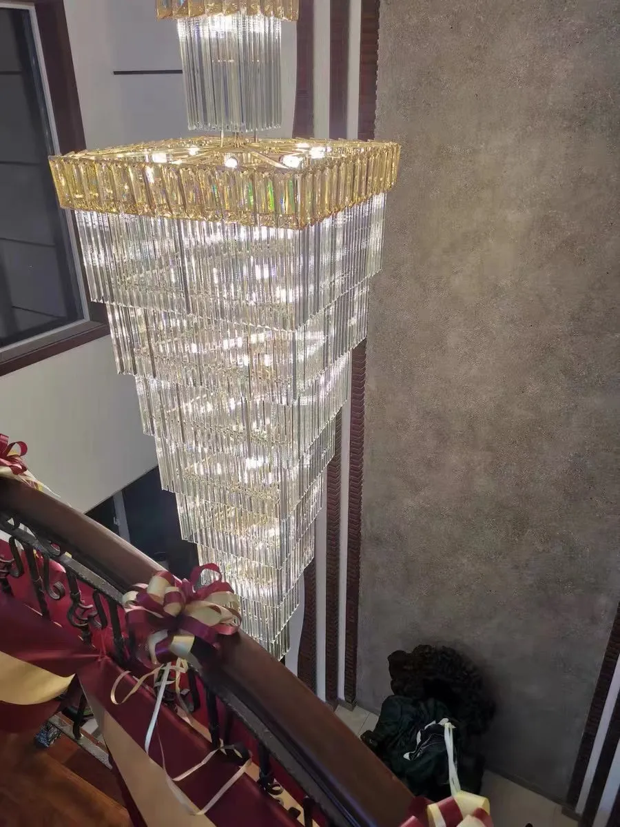 Extra Large Vertical Crystal Staircase Chandelier Foyer Ceiling Light Fixture in Gray/Amber Brim