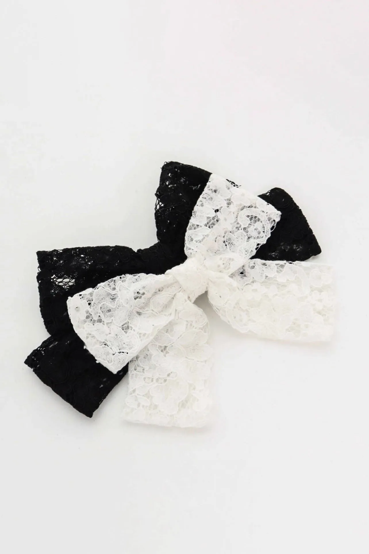 Eyelet Embroidered Fabric Big Bow Black & White Large Hair Barrette Clip