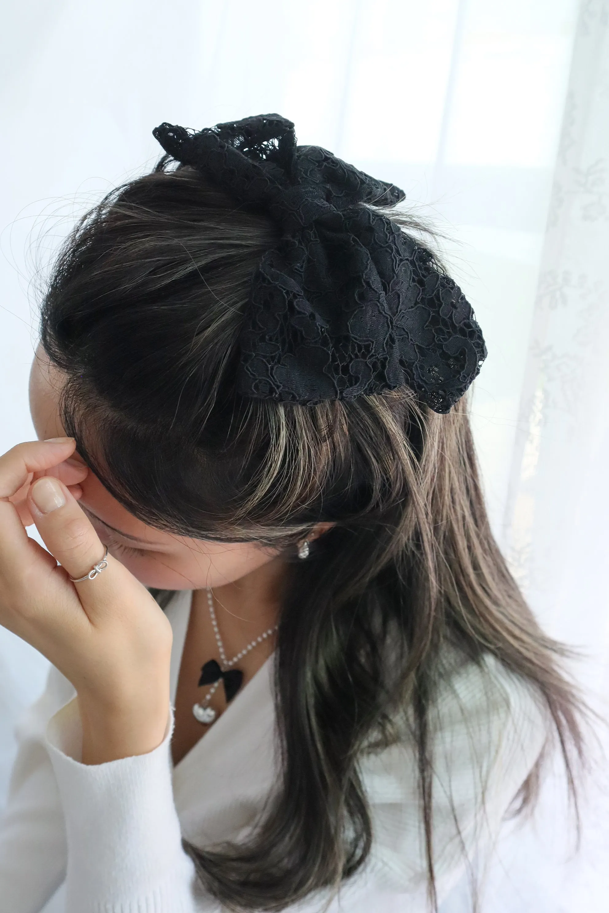 Eyelet Embroidered Fabric Big Bow Black & White Large Hair Barrette Clip