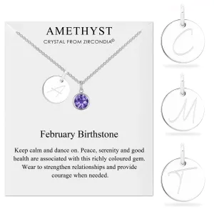 February (Amethyst) Birthstone Necklace with Initial Charm (A to Z) Created with Zircondia® Crystals