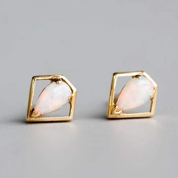 Geometric Diamond Shaped Australian Opal Stud Earrings 14k Yellow Gold