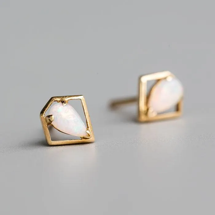 Geometric Diamond Shaped Australian Opal Stud Earrings 14k Yellow Gold