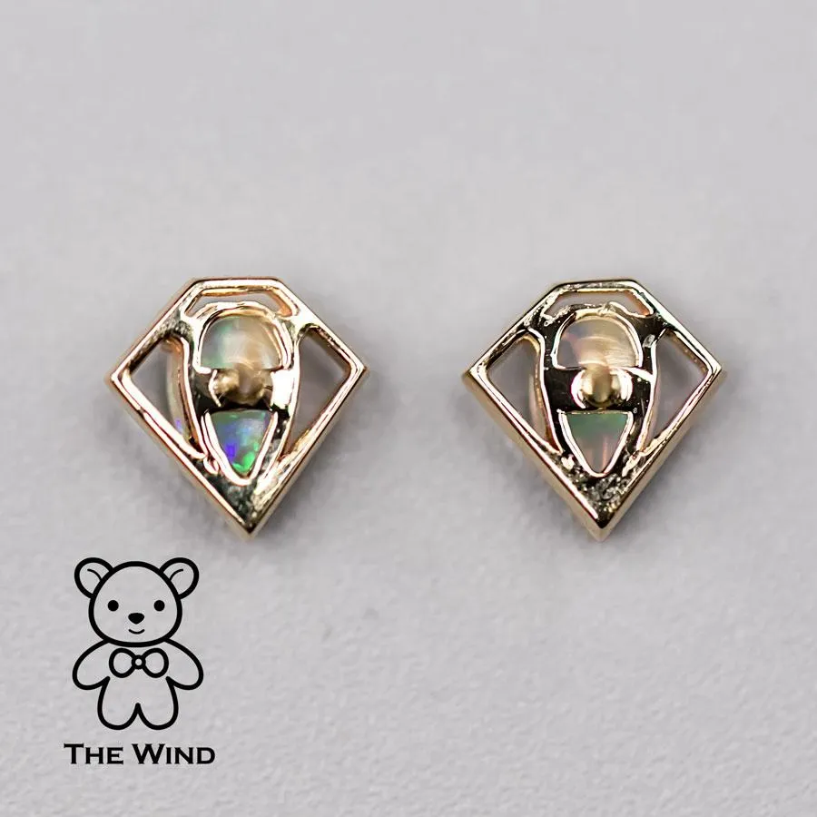 Geometric Diamond Shaped Australian Opal Stud Earrings 14k Yellow Gold