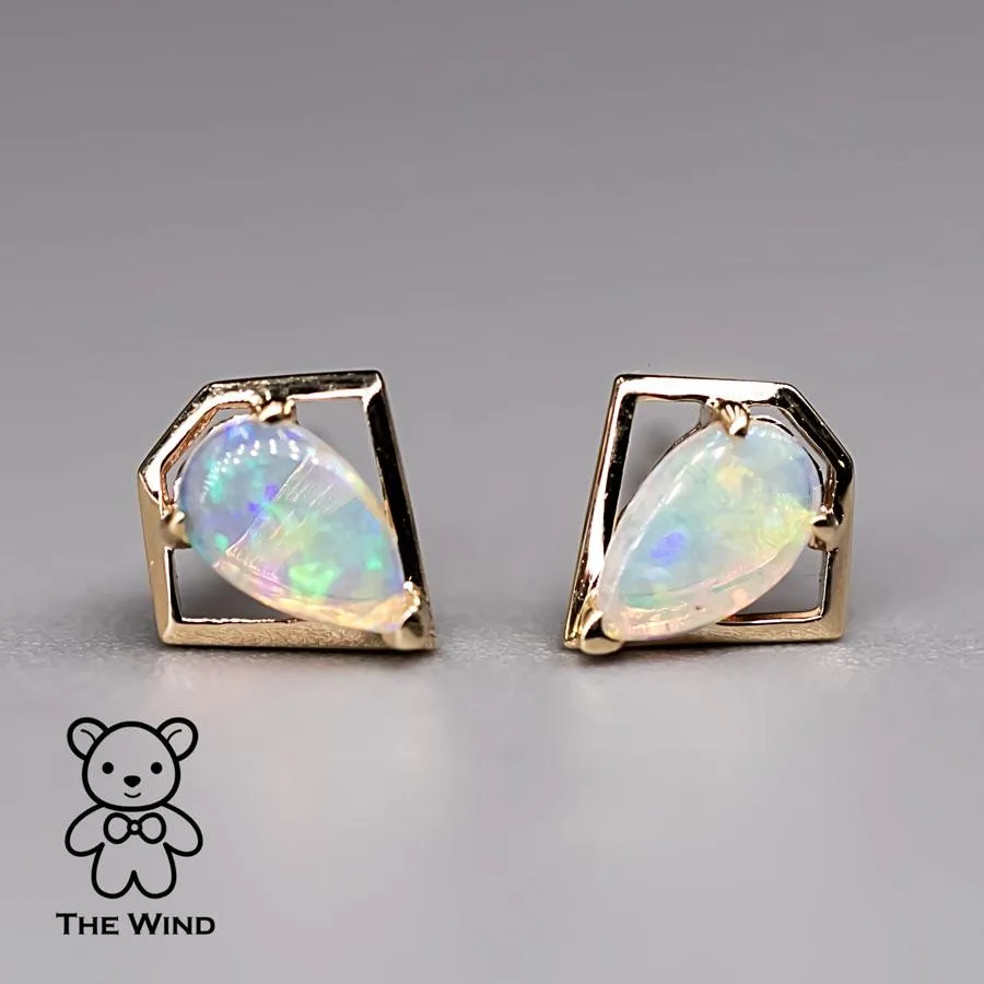 Geometric Diamond Shaped Australian Opal Stud Earrings 14k Yellow Gold