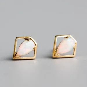 Geometric Diamond Shaped Australian Opal Stud Earrings 14k Yellow Gold