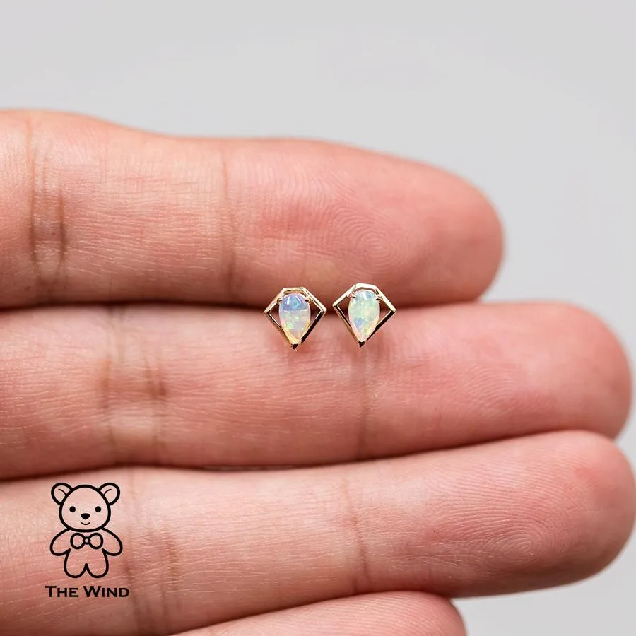 Geometric Diamond Shaped Australian Opal Stud Earrings 14k Yellow Gold