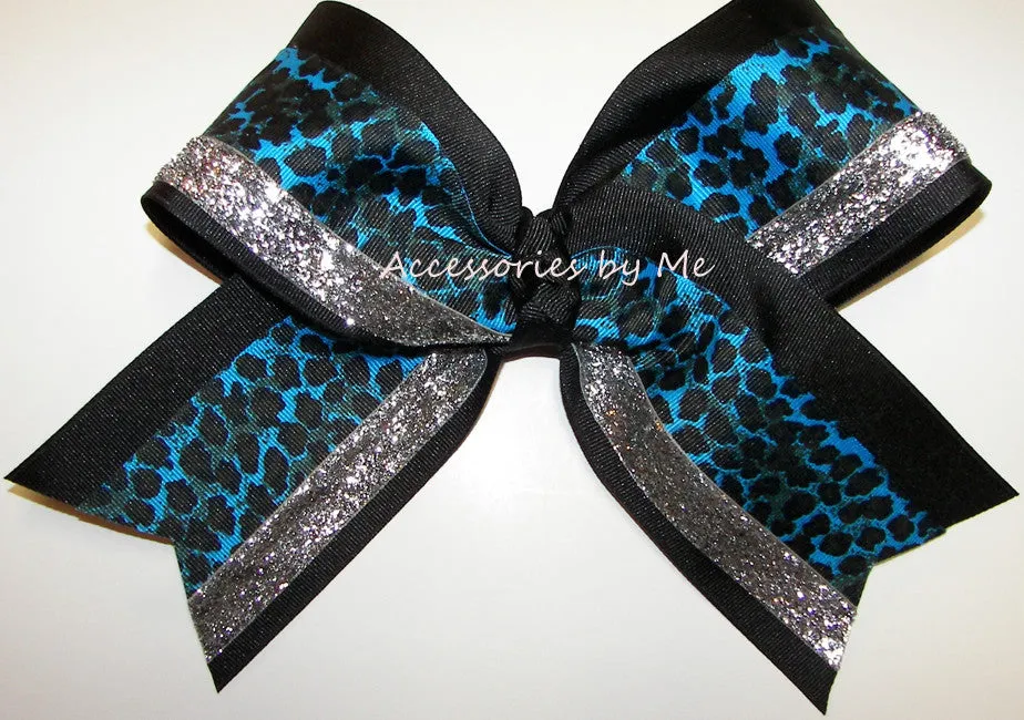 Glitter Leopard Blue Black Silver Cheer Bow