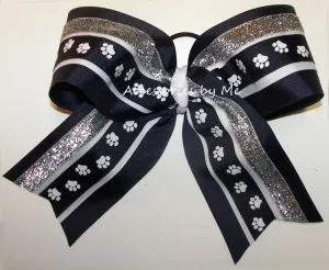 Glitter Paw Print Navy Blue White Cheer Bow