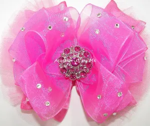 Glitzy Hot Pink Organza Ruffle Tutu Hair Bow