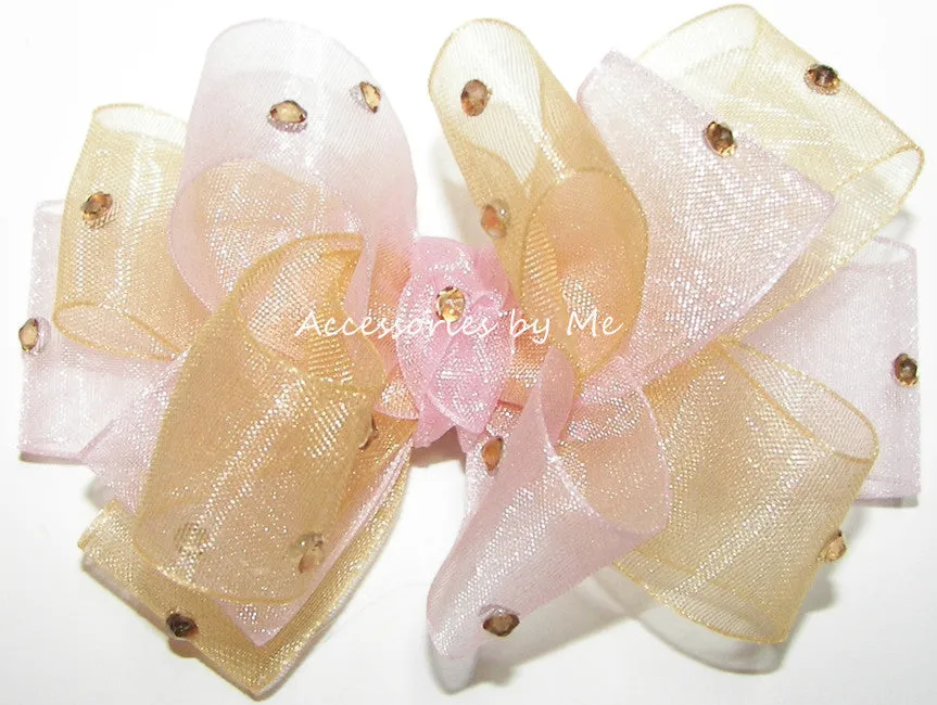 Glitzy Light Pink Gold Organza Hair Bow