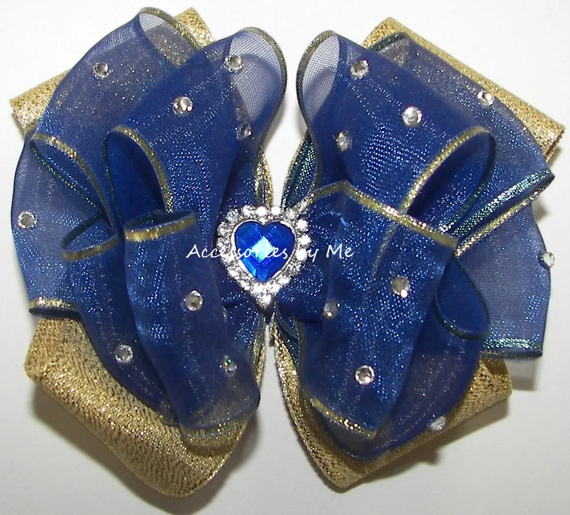 Glitzy Royal Blue Gold Organza Hair Bow