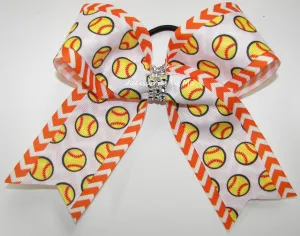 Glitzy Softball Orange Chevron Rhinestone Bow