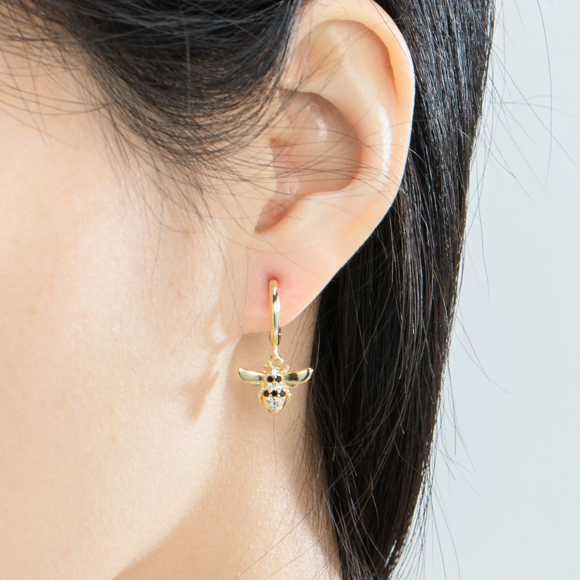 Golden Honey Bees Crystal Pave Dangle Hoop Earrings