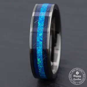 Gun Grey Tungsten Carbide Ring / Azure Blue Opal & Blue Box Elder Wood [6mm width] Flat Style, Comfort Fitment