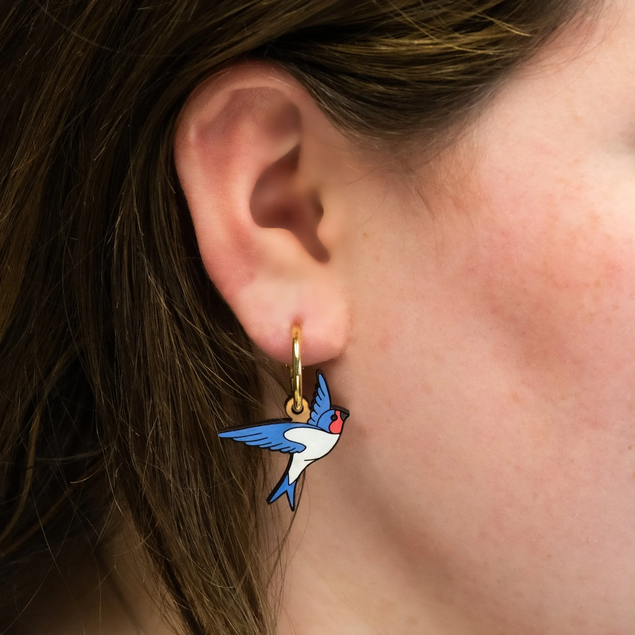 Hand-Painted Cherry Wood Swallow Hoop Earrings - PEB12043