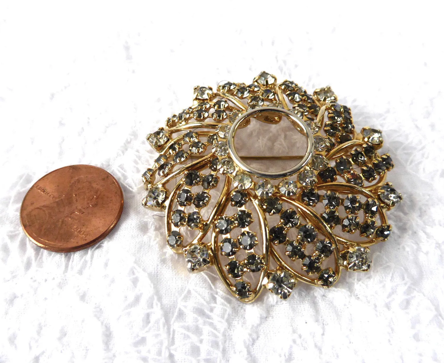 Hobe Rhinestone Sunburst Circle Brooch Pin 1950s Signed Clear Smokey Statement