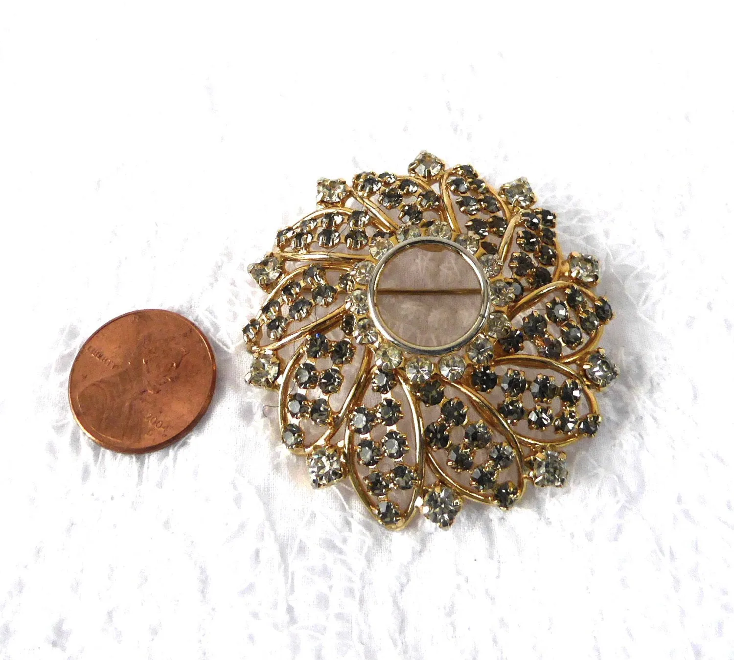 Hobe Rhinestone Sunburst Circle Brooch Pin 1950s Signed Clear Smokey Statement