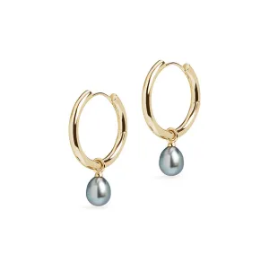 Large Hoop and Tahitian Pearl Charm Gold Earring Set