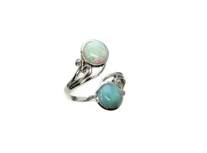 Larimar/White Opal, Two 8mm Round, Adjustable Ring 6-9