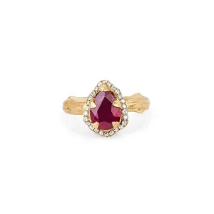 Micro Queen Water Drop Ruby Rose Thorn Ring with Full Pavé Diamond Halo