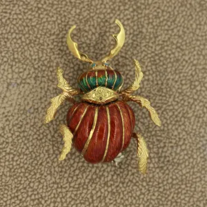 Mid-Century Italian Enameled Gold Horned-Beetle Pin Brooch