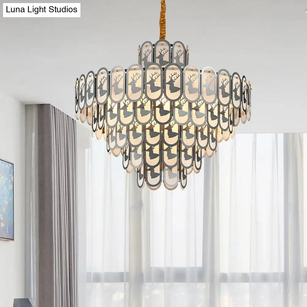 Modern Crystal Tiered Chandelier Pendant Light with Elk Pattern - 12/16 Lights, Nickel Finish