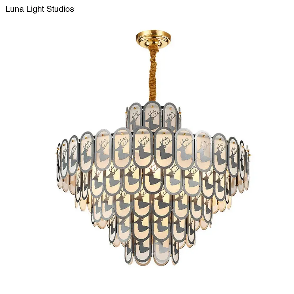 Modern Crystal Tiered Chandelier Pendant Light with Elk Pattern - 12/16 Lights, Nickel Finish