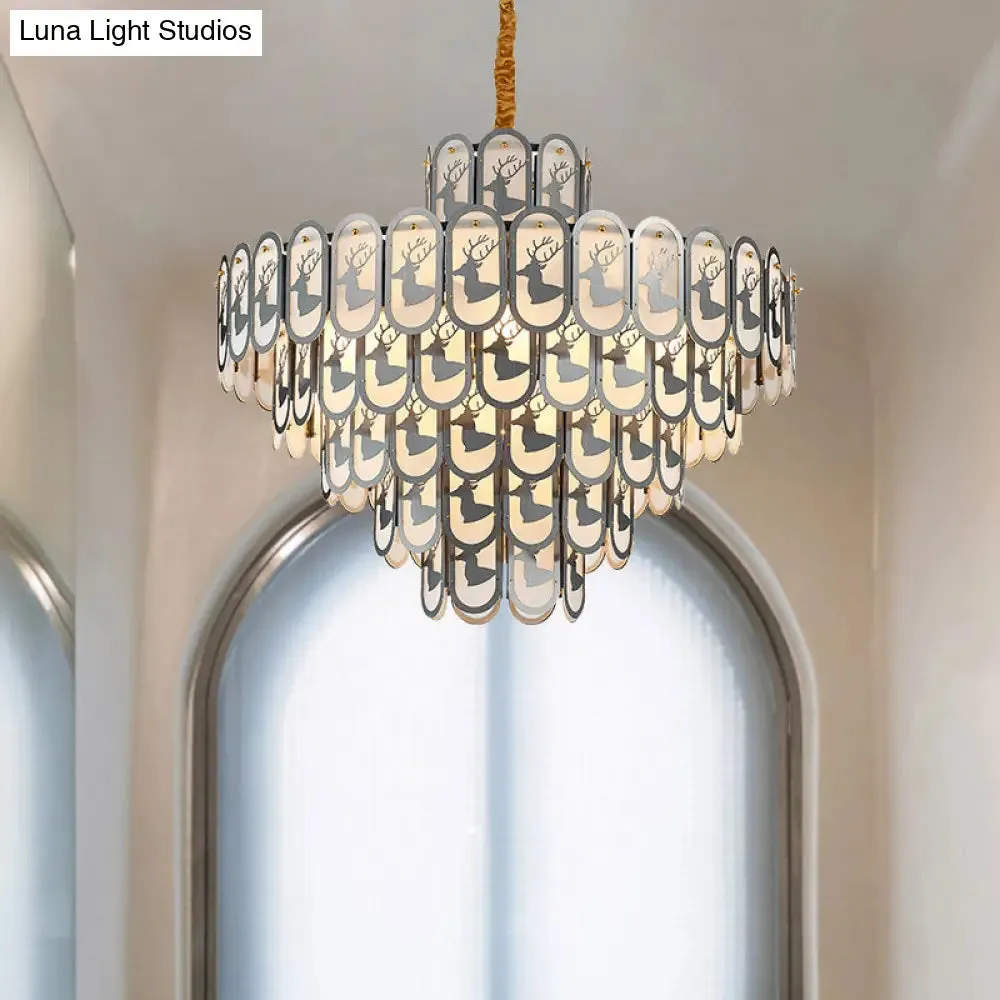 Modern Crystal Tiered Chandelier Pendant Light with Elk Pattern - 12/16 Lights, Nickel Finish