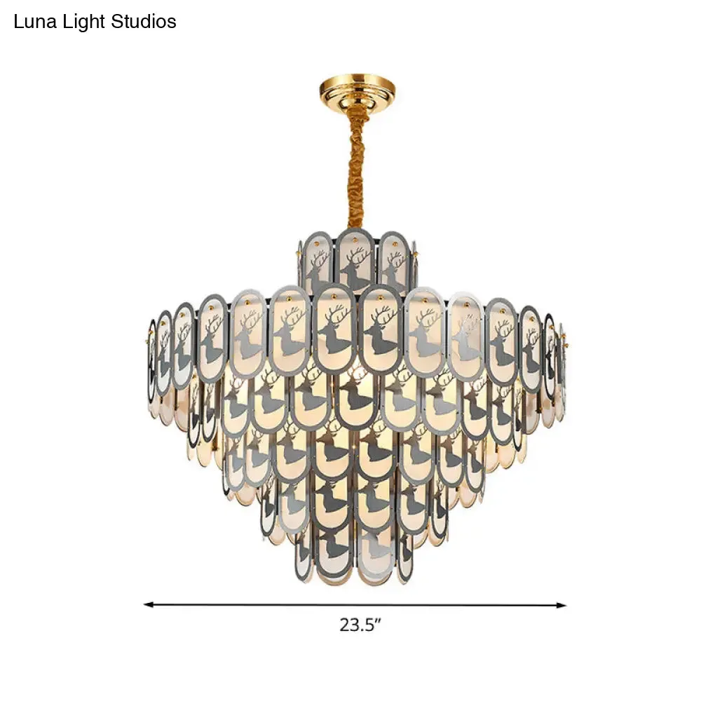 Modern Crystal Tiered Chandelier Pendant Light with Elk Pattern - 12/16 Lights, Nickel Finish