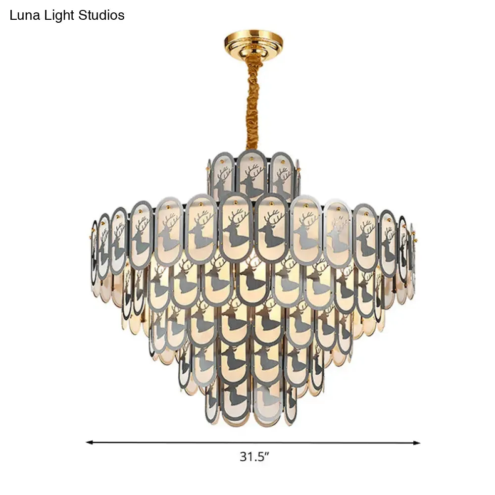 Modern Crystal Tiered Chandelier Pendant Light with Elk Pattern - 12/16 Lights, Nickel Finish