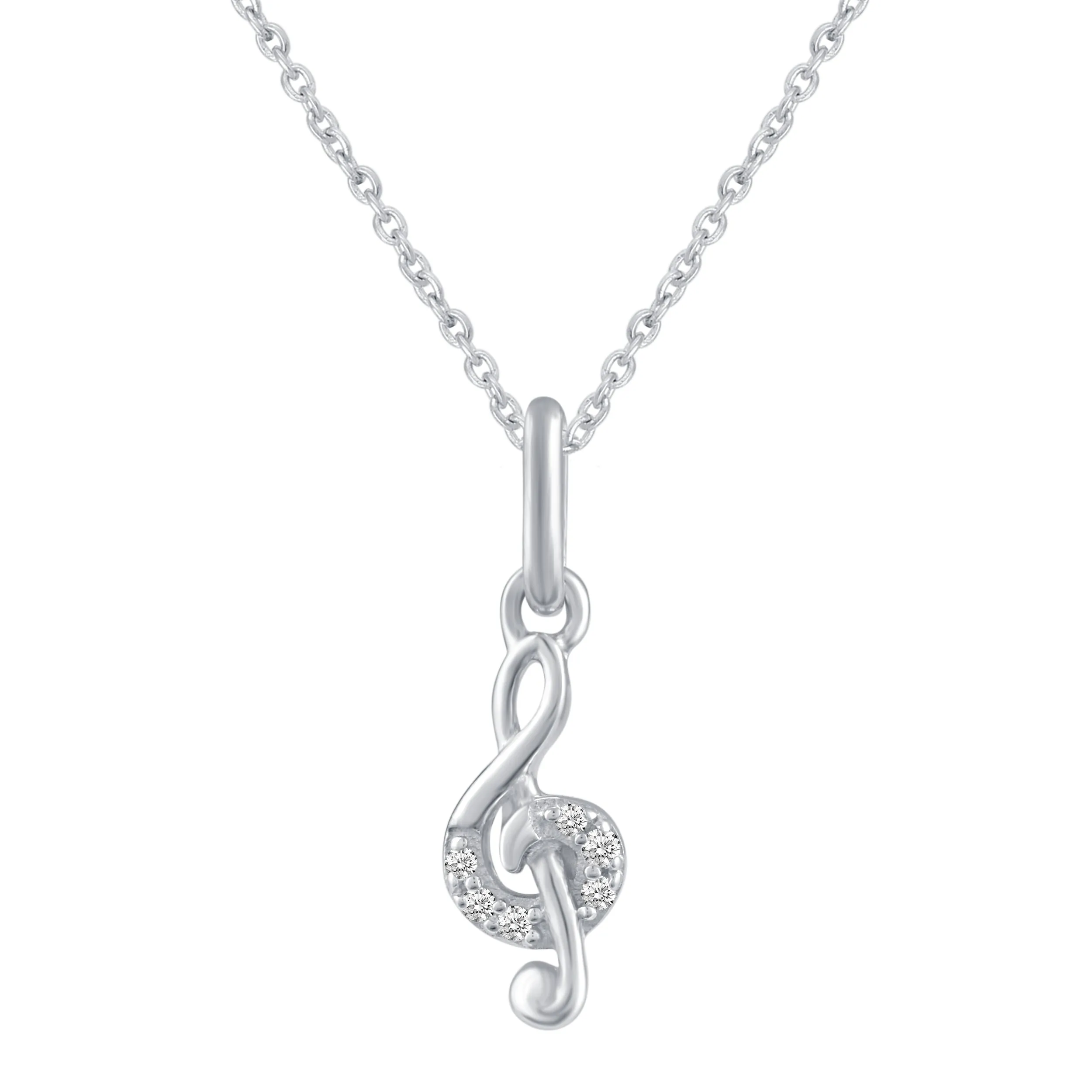 Musical Treble Clef and Eighth Note Layered 1/20 Cttw Natural Diamond Pendant Necklace set in 925 Sterling Silver…