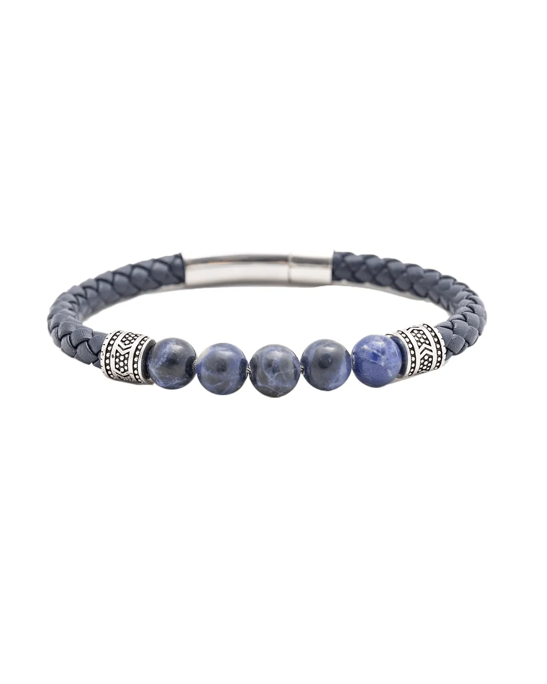 Navy Braided Leather & Gemstone Bead Bracelet