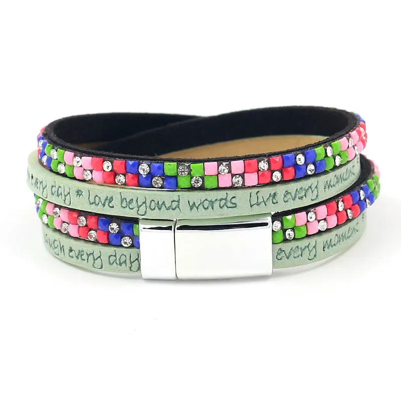 New Fashion Hot Rhinestone Leather Strap Lettering Embossed Bracelet