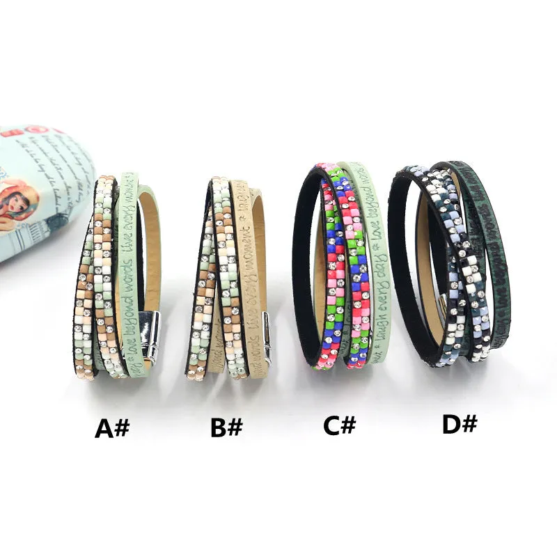 New Fashion Hot Rhinestone Leather Strap Lettering Embossed Bracelet