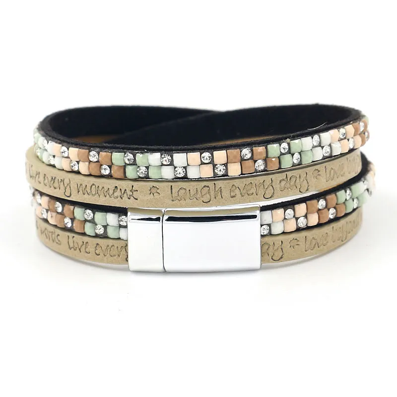 New Fashion Hot Rhinestone Leather Strap Lettering Embossed Bracelet