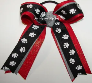 Paw Print Black Red Glitter Ponytail Bow