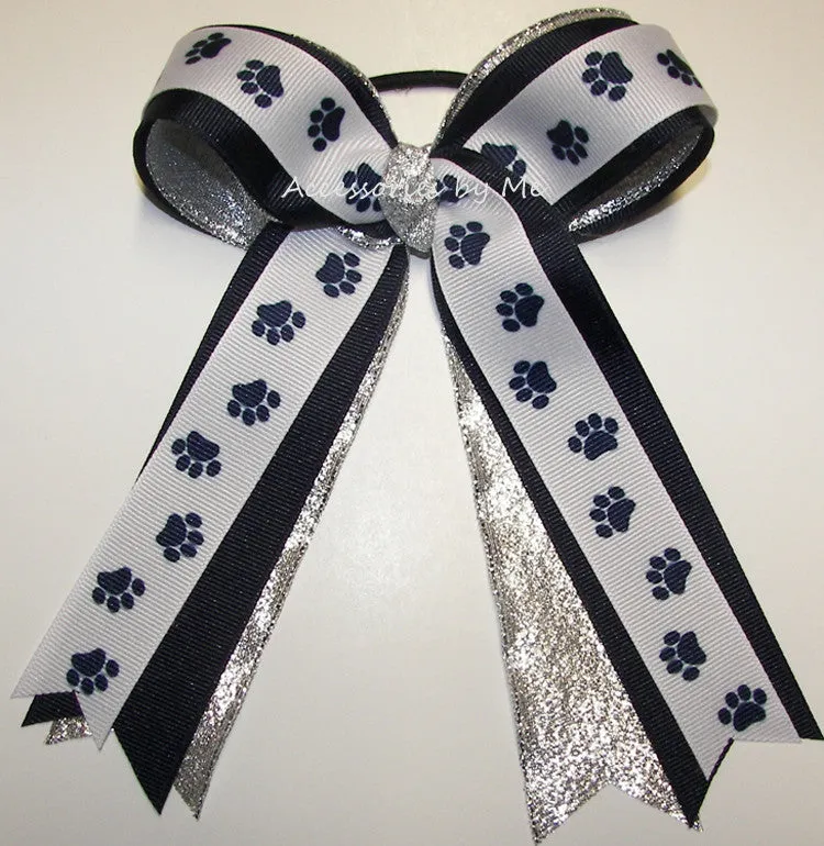 Paw Print Navy Blue White Silver Ponytail Bow