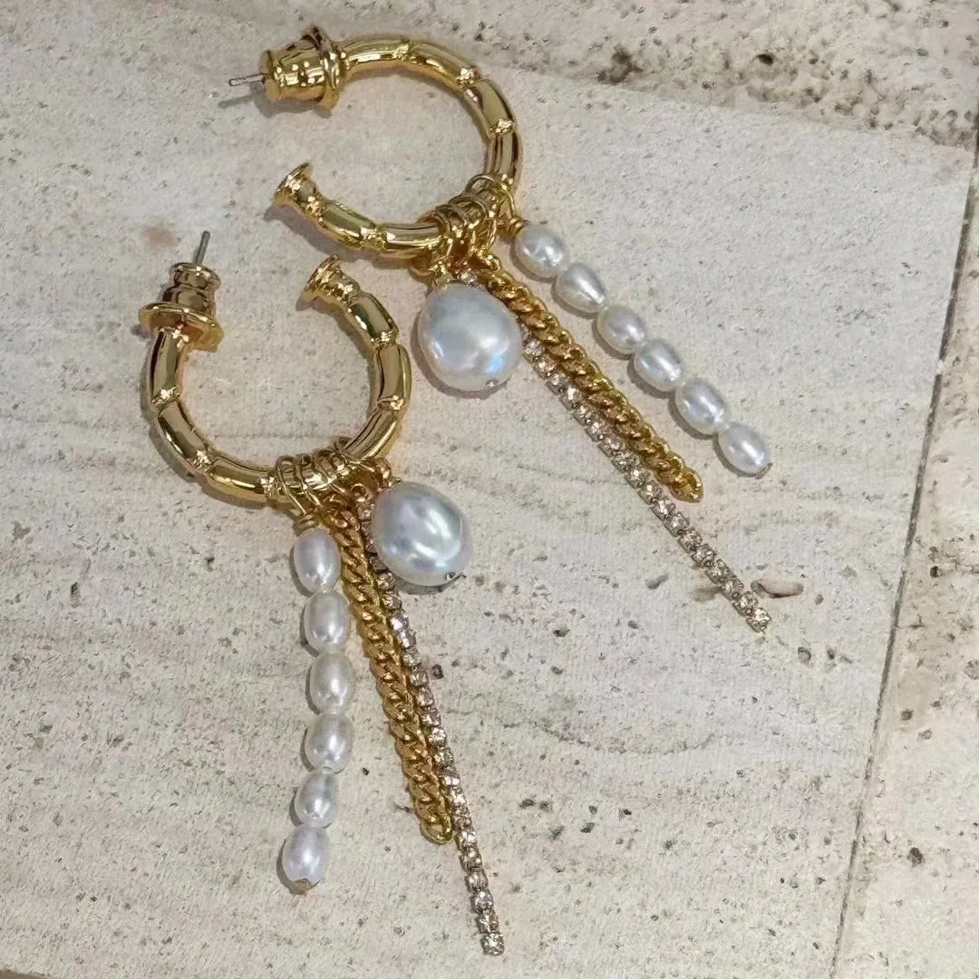 Pre Order: Skeletal C-Shaped Pearl And Chain Dangle Earrings