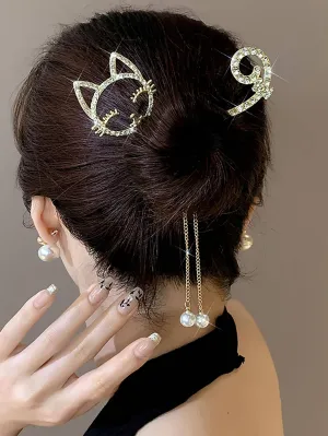 Rhinestone & Cat Decor Hair Pin Creative Hair Pin for Women Barrette Styling