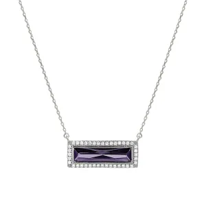 Rhodium Finish Sterling Silver Necklace with Rectangular Simulated Amethyst Stone and Simulated Diamonds on 16" - 18" Chain