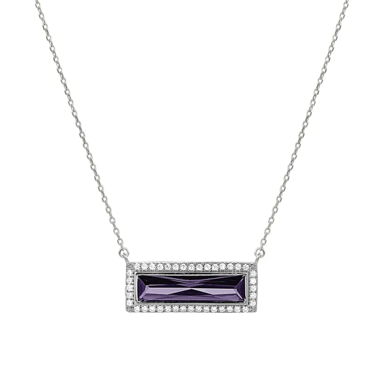 Rhodium Finish Sterling Silver Necklace with Rectangular Simulated Amethyst Stone and Simulated Diamonds on 16" - 18" Chain