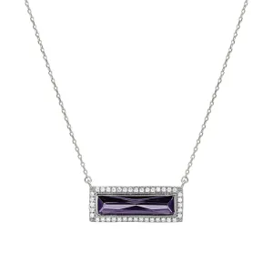 Rhodium Finish Sterling Silver Necklace with Rectangular Simulated Amethyst Stone and Simulated Diamonds on 16" - 18" Chain