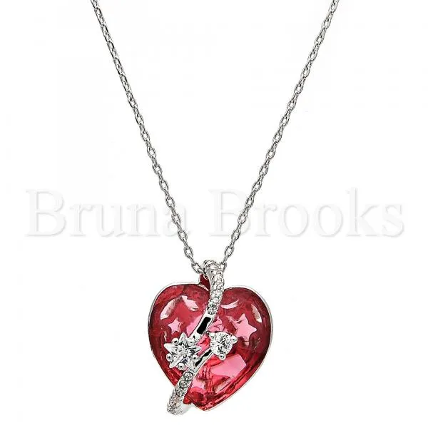 Rhodium Plated Fancy Necklace, Heart and Star Design, with Swarovski Crystals and Micro Pave, Rhodium Tone