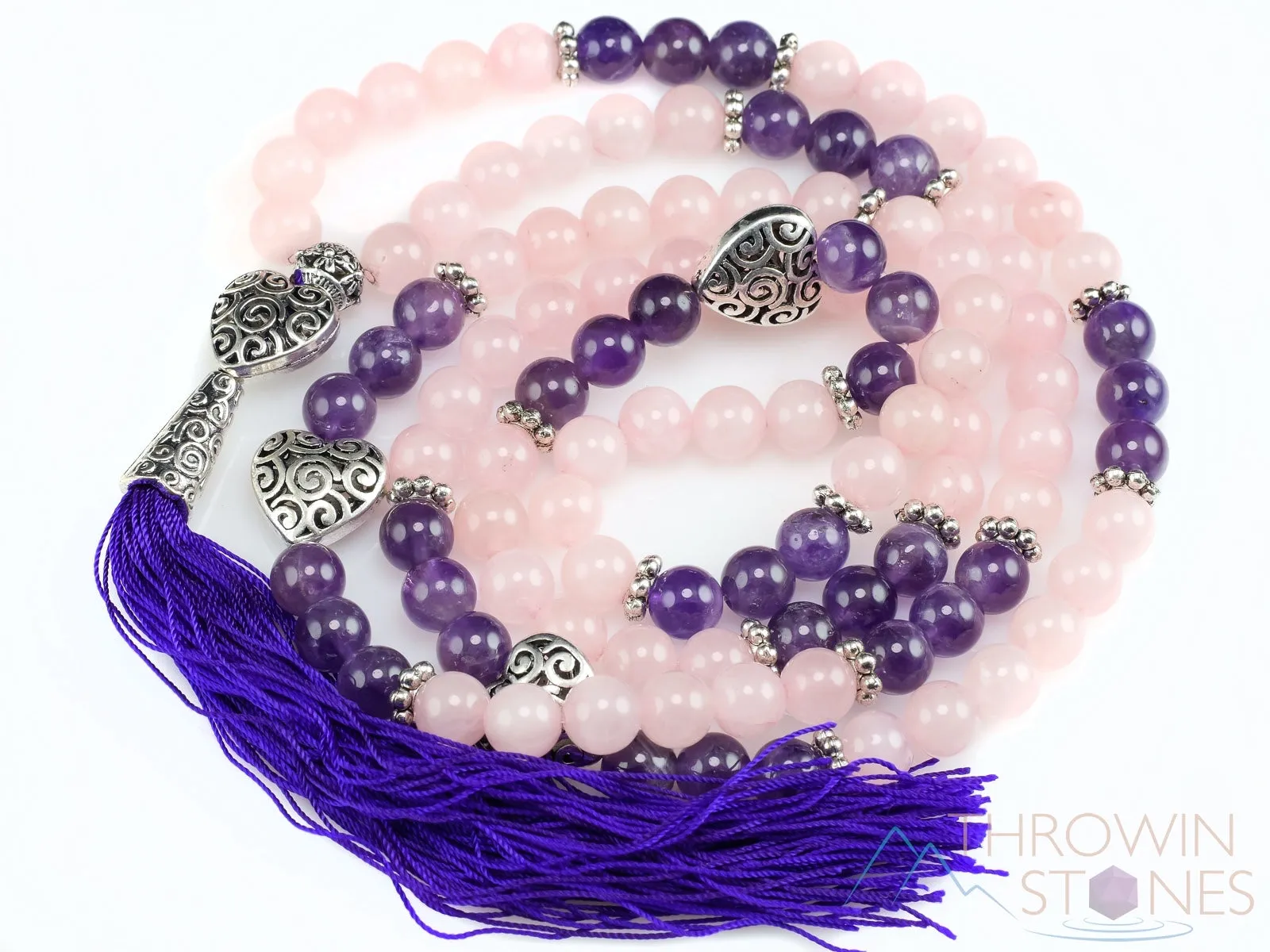 ROSE QUARTZ & AMETHYST Crystal Necklace, Mala - Beaded Necklace, Handmade Jewelry, Healing Crystals and Stones,  E0977