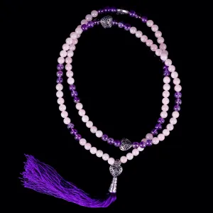 ROSE QUARTZ & AMETHYST Crystal Necklace, Mala - Beaded Necklace, Handmade Jewelry, Healing Crystals and Stones,  E0977