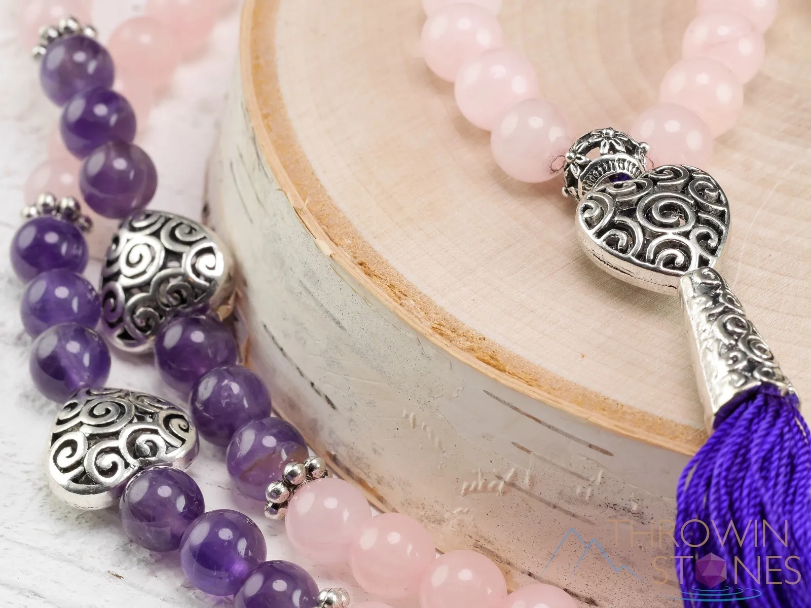 ROSE QUARTZ & AMETHYST Crystal Necklace, Mala - Beaded Necklace, Handmade Jewelry, Healing Crystals and Stones,  E0977