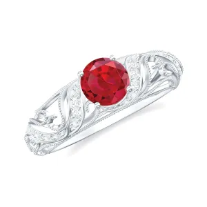 Round Created Ruby Vintage Style Engagement Ring with Diamond