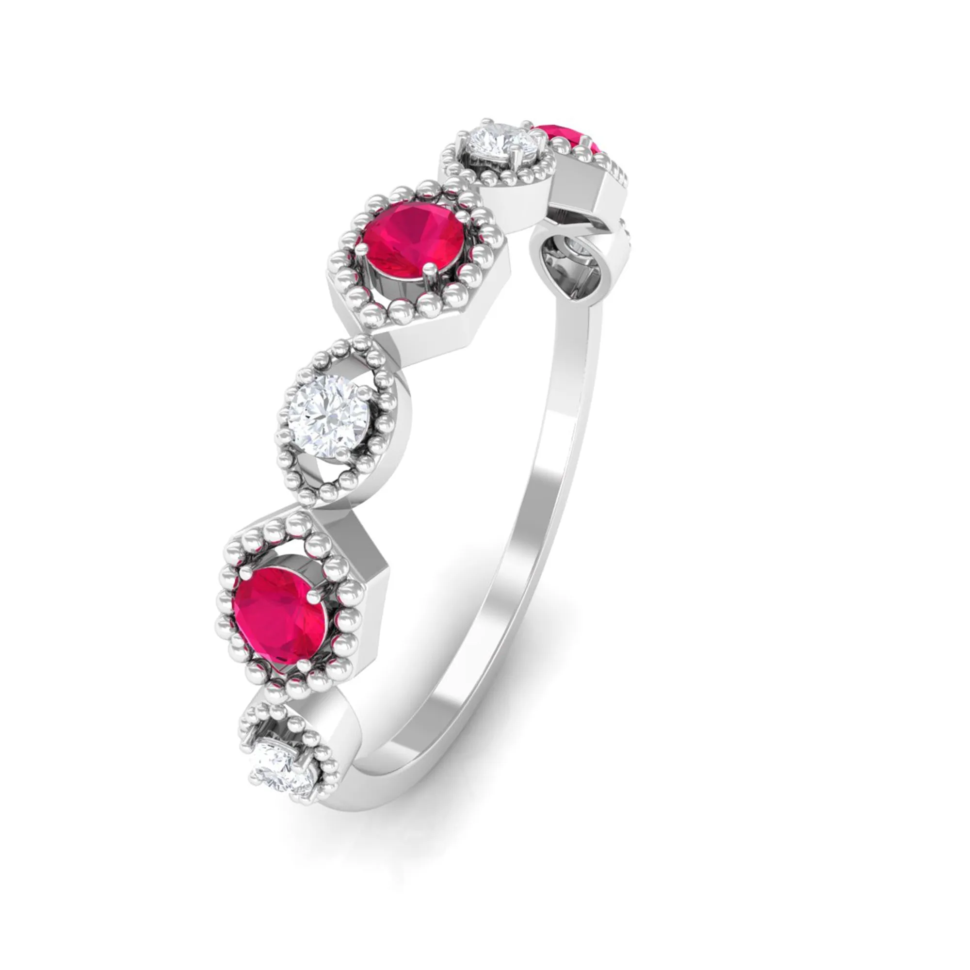 Ruby and Diamond Half Eternity Ring in Prong Setting