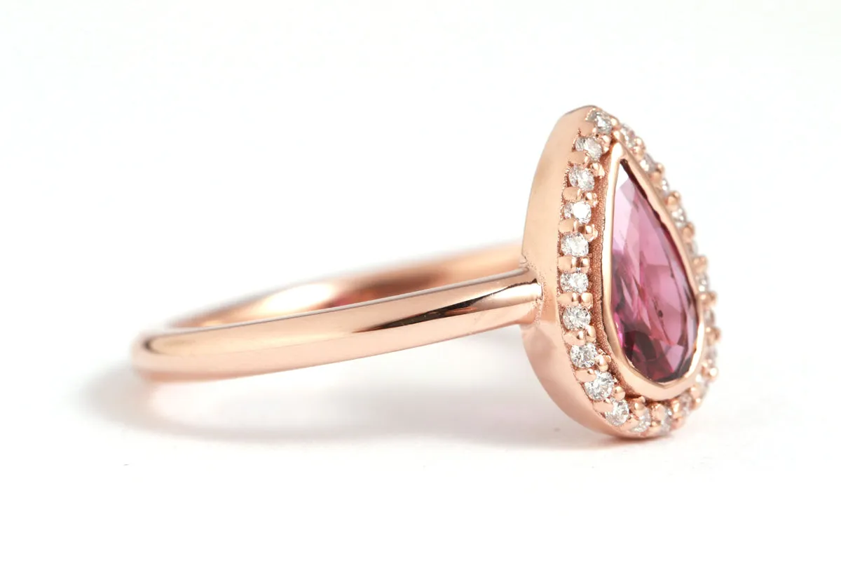 Ruby Teardrop Ring with Diamond Halo