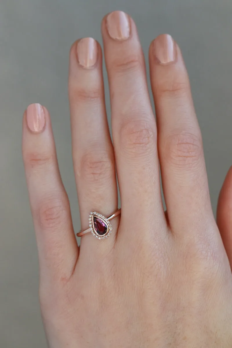 Ruby Teardrop Ring with Diamond Halo